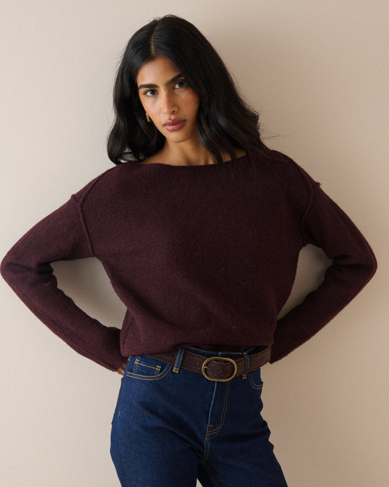 Burgundy Boat Neck Knitted Jumper