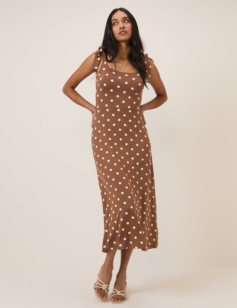 Brown Polka Dot Adrian Jersey Midi Dress