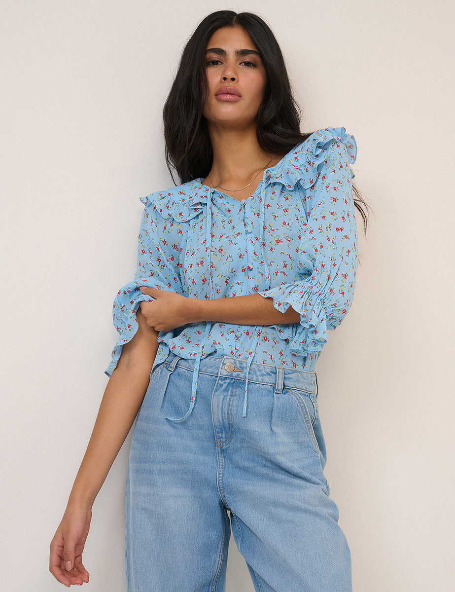 Blue Floral Frill Blouse