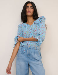 Blue Floral Frill Blouse
