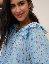 Blue Floral Frill Blouse