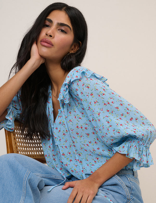 Blue Floral Short Sleeve Blouse