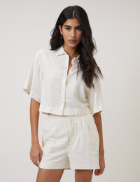 Cream Linen-Blend Cropped Shirt