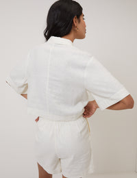 Cream Linen-Blend Cropped Shirt