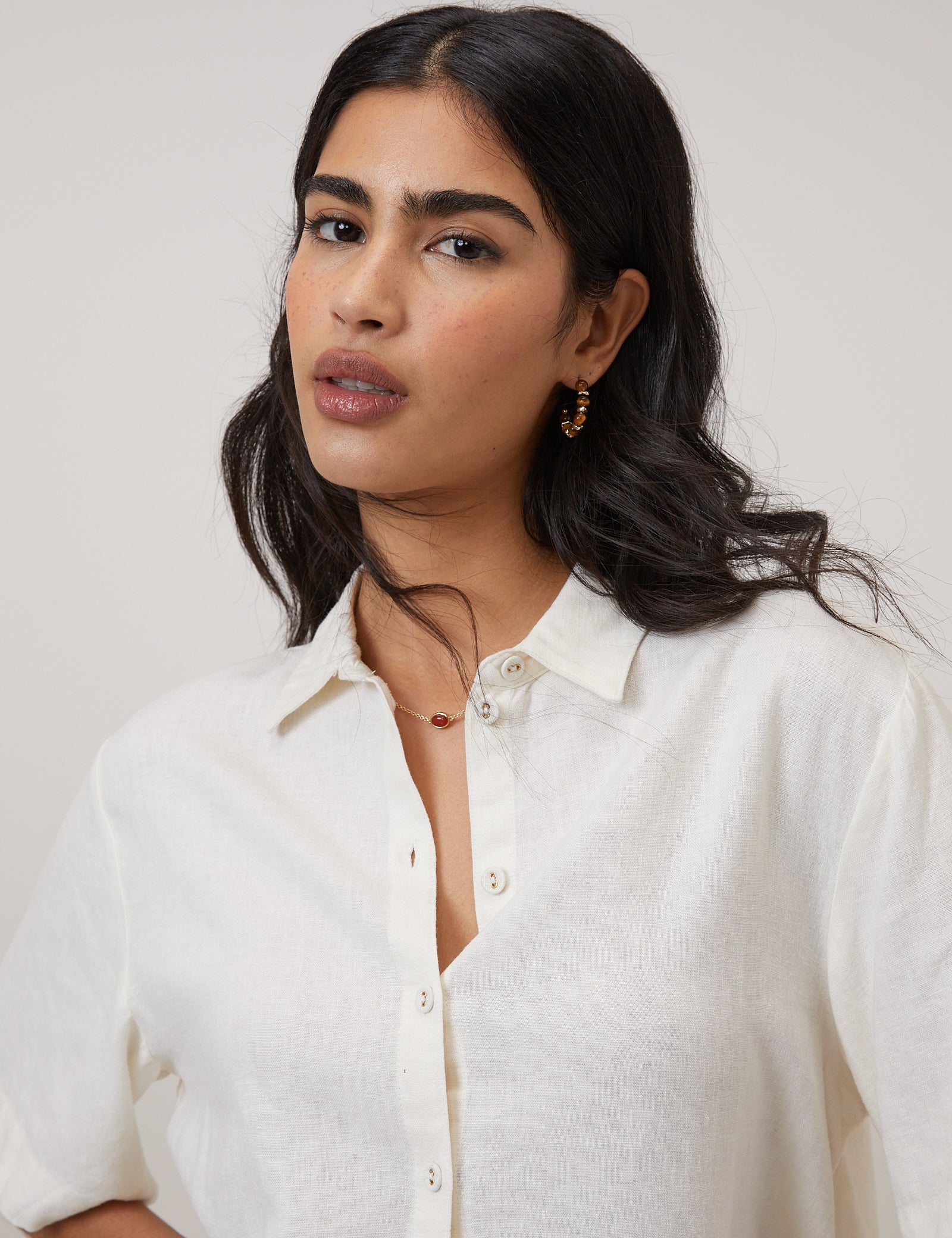 Cream Linen-Blend Cropped Shirt