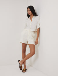 Cream Linen-Blend Cropped Shirt