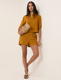 Orange Yellow Linen-Blend Cropped Shirt