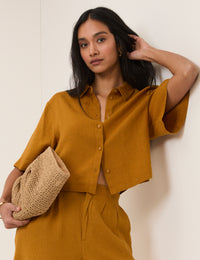 Orange Yellow Linen-Blend Cropped Shirt