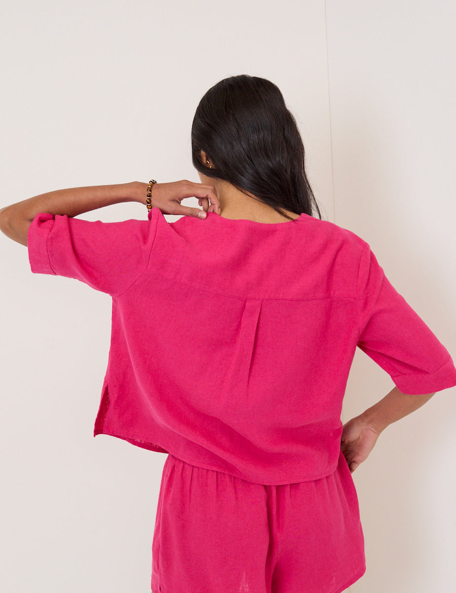 Pink Linen-Blend Short Sleeve Shirt