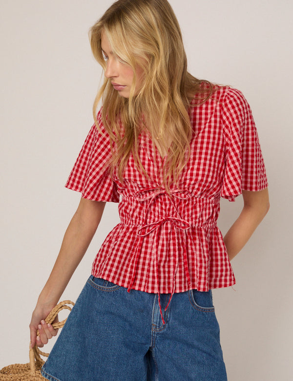 Red V Neck Gingham Cordelia Top