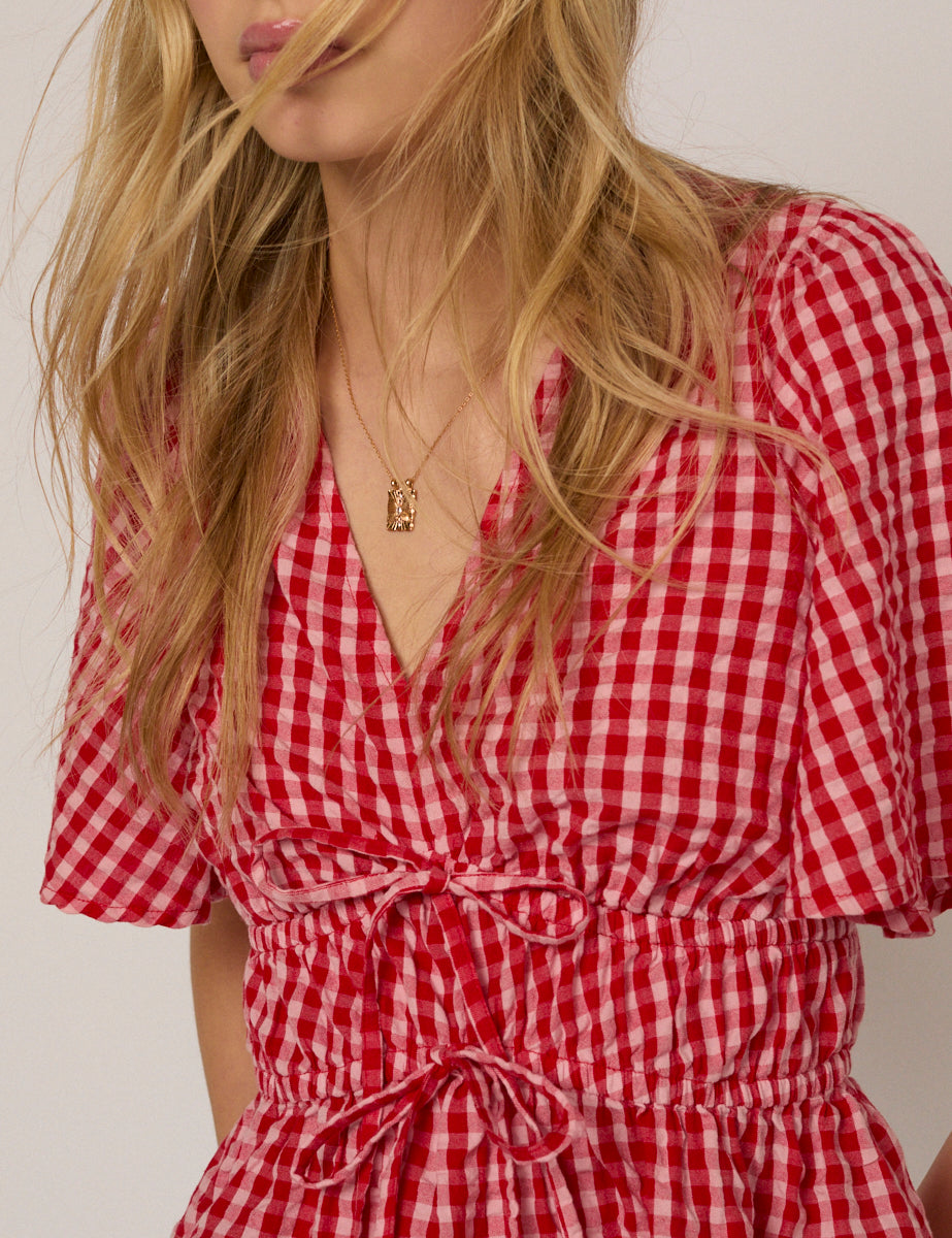 Red V Neck Gingham Cordelia Top