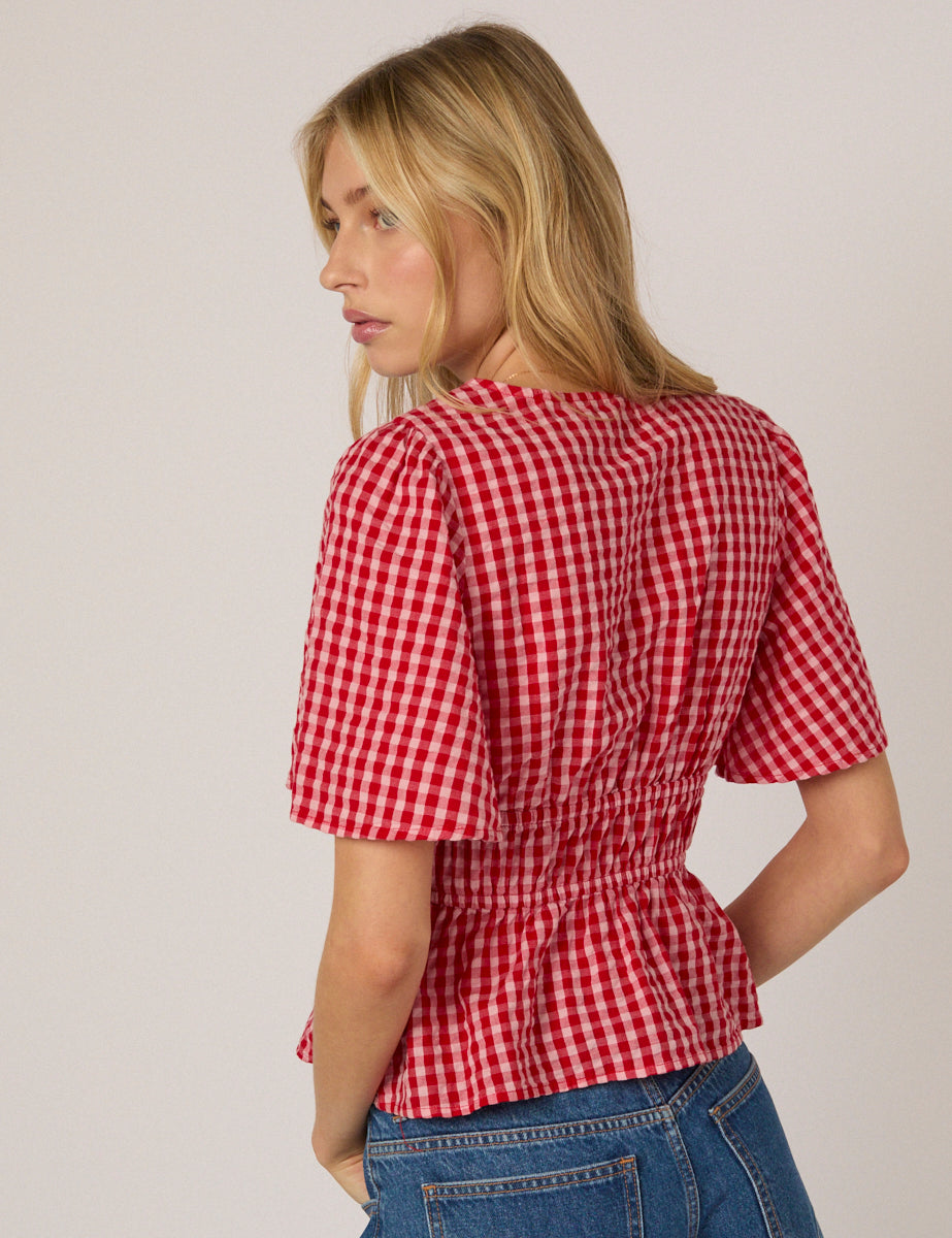 Red V Neck Gingham Cordelia Top
