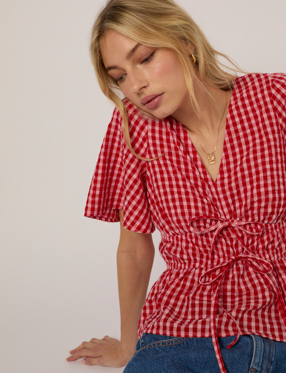 Red V Neck Gingham Cordelia Top