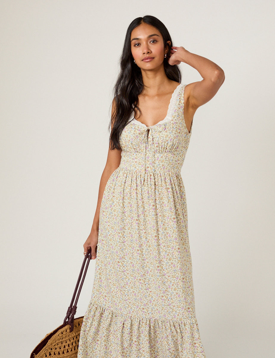 floral tiered midi dress ERDEM Women's Shirt Size 6 / 2 or no bra White Ditsy Floral Tiered Heather