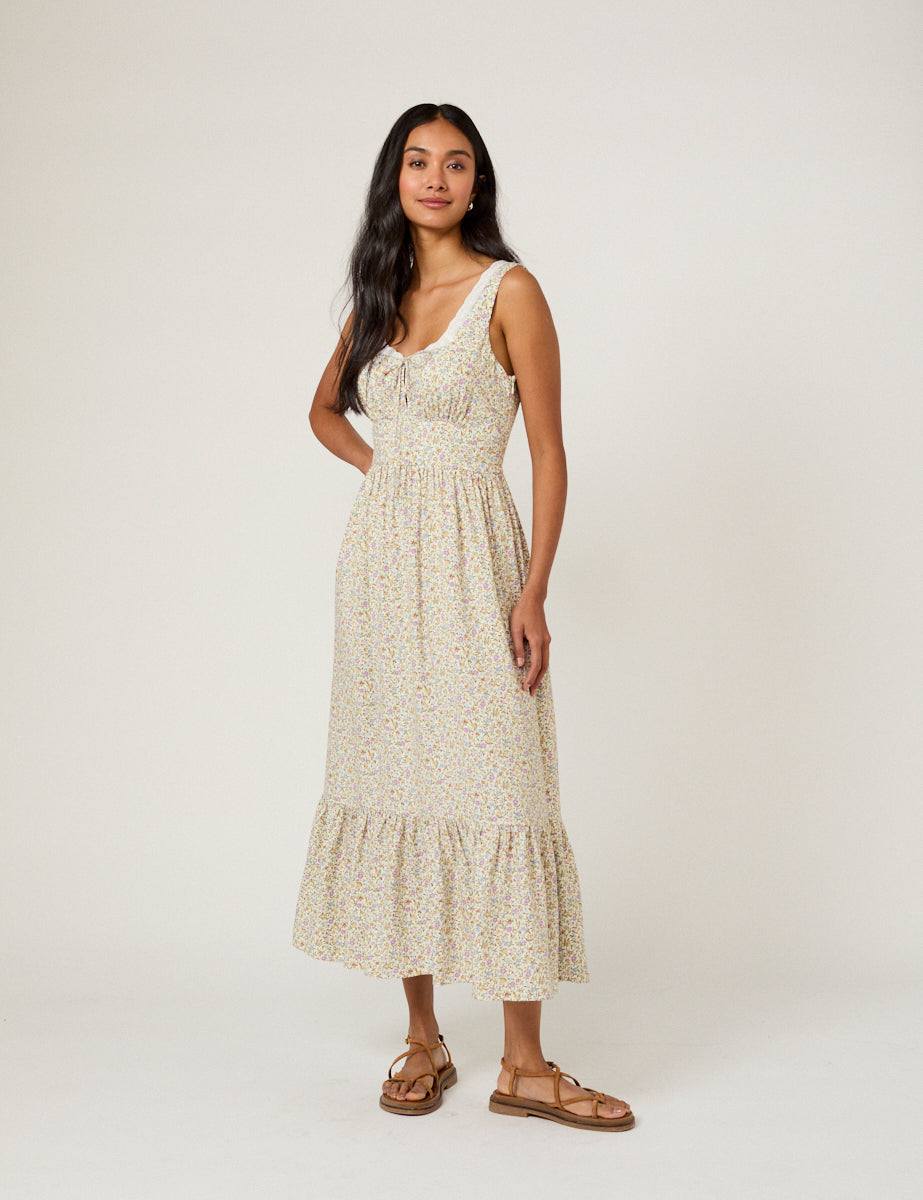 White Ditsy Floral Tiered Heather Midi Dress