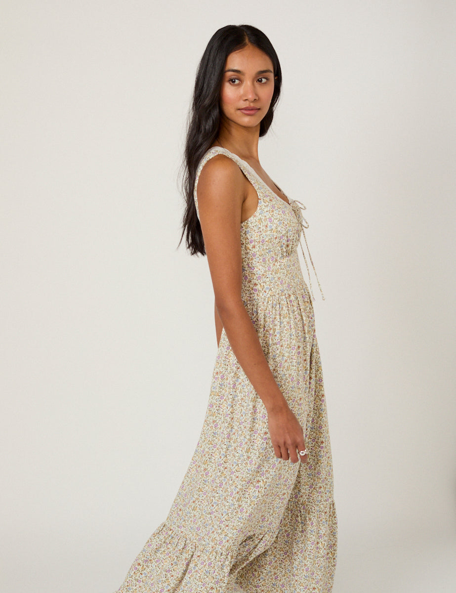 White Ditsy Floral Tiered Heather Midi Dress