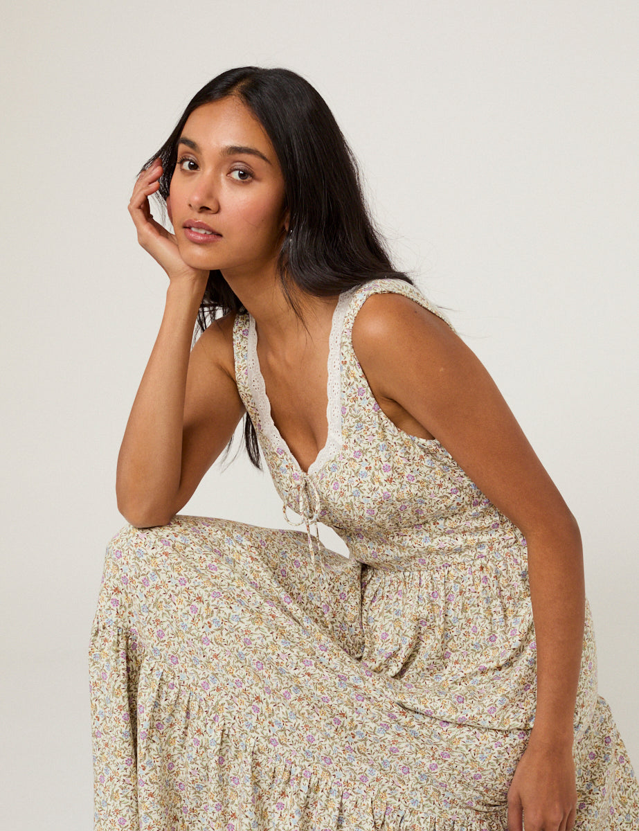 White Ditsy Floral Tiered Heather Midi Dress