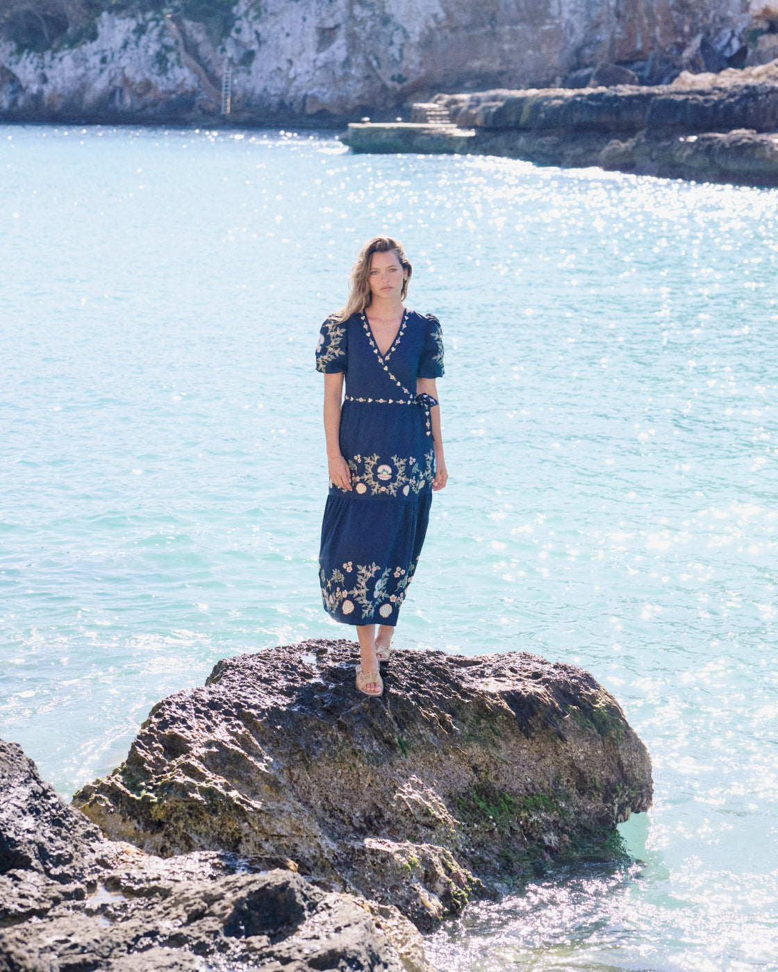 Embroidered Jayden Navy Wrap Midi Dress | Elizabeth Scarlett x Nobody's Child Embroidered Jayden Navy Wrap Midi Dress | Elizabeth Scarlett x Nobody's Child
