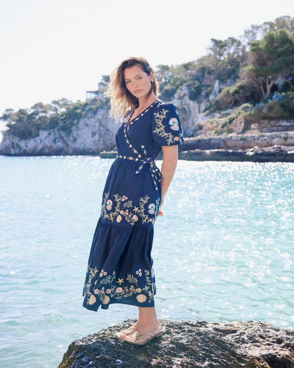 Navy Embroidered Tiered Jayden Midi Dress