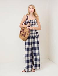 Navy Gingham Wide Leg Trousers