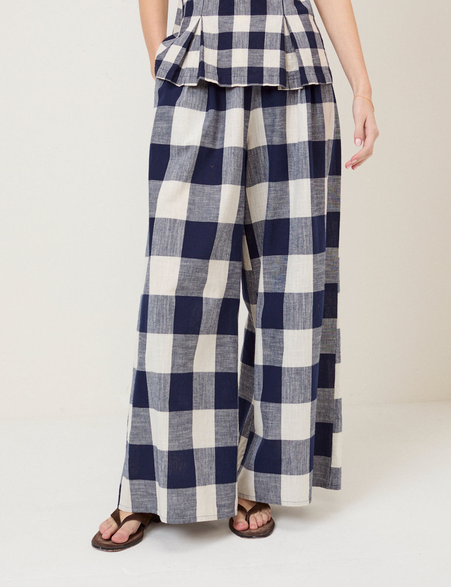 Navy Gingham Wide Leg Trousers