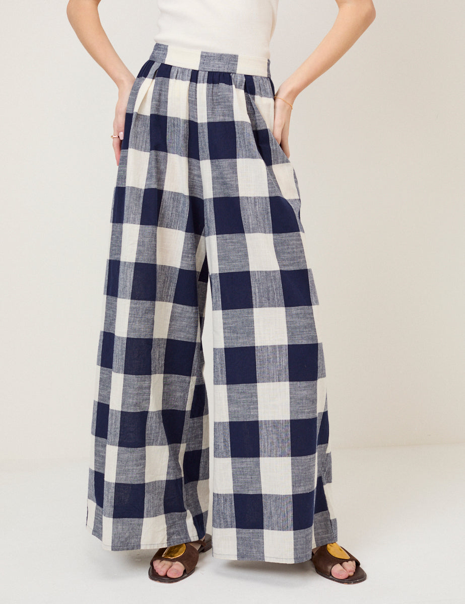 Navy Gingham Wide Leg Trousers