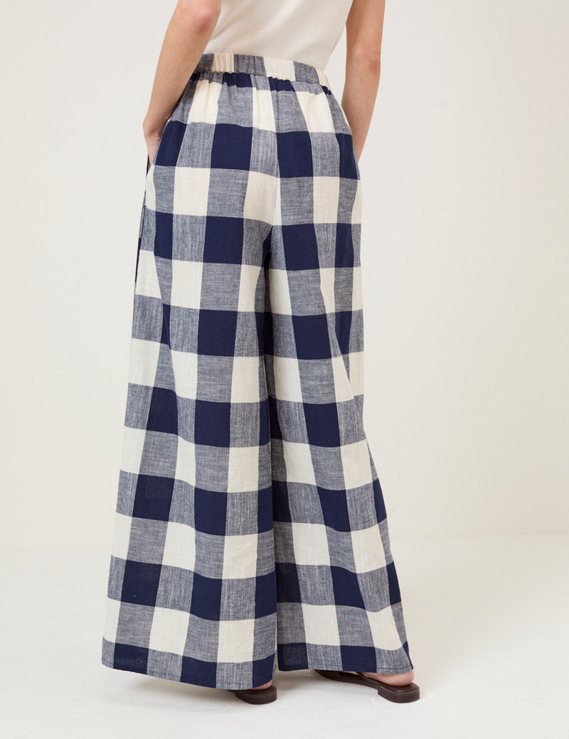Navy Gingham Wide Leg Trousers