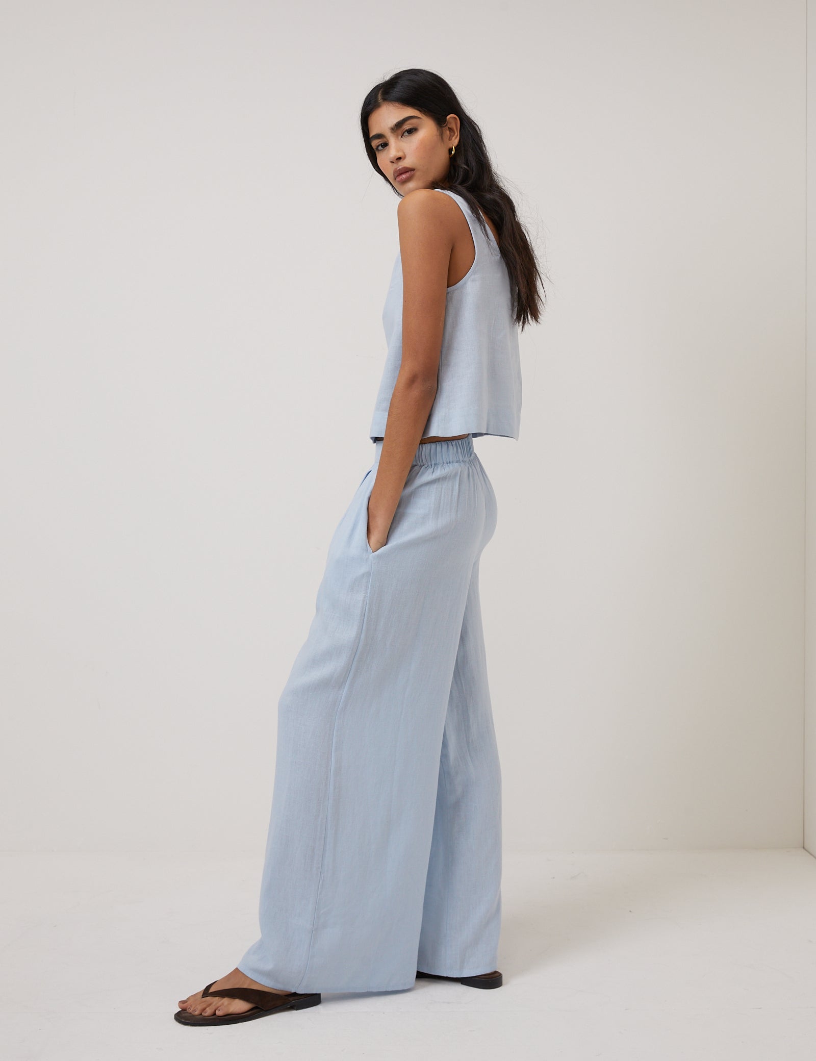 Light Blue Linen-Blend Wide Leg Trousers