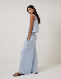 Light Blue Linen-Blend Wide Leg Trousers