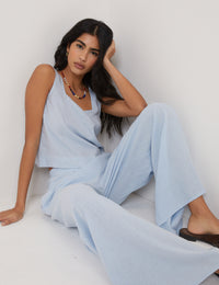 Light Blue Linen-Blend Wide Leg Trousers
