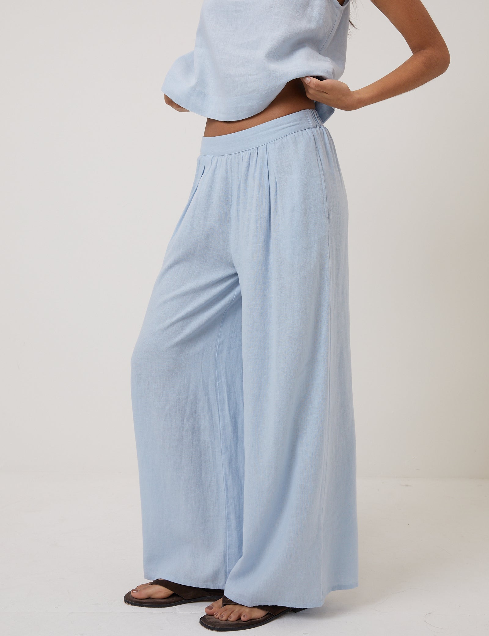 Light Blue Linen-Blend Wide Leg Trousers