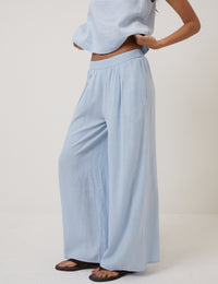Light Blue Linen-Blend Wide Leg Trousers