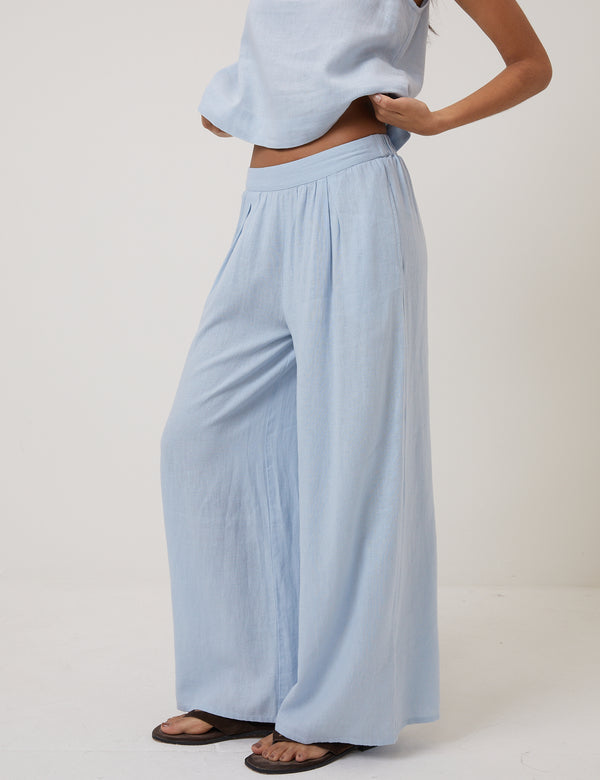 Light Blue Linen-Blend Wide Leg Trousers