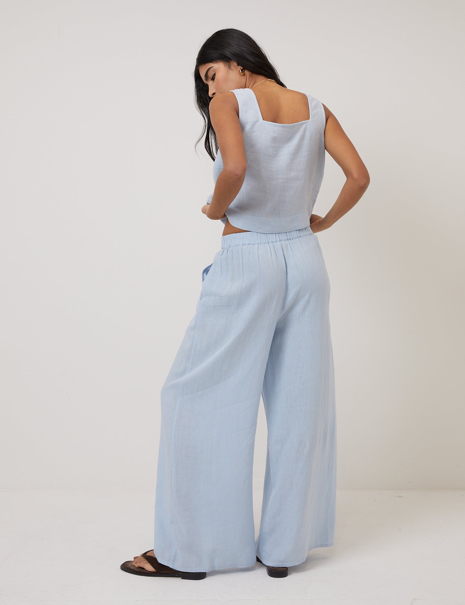 Light Blue Linen-Blend Wide Leg Trousers