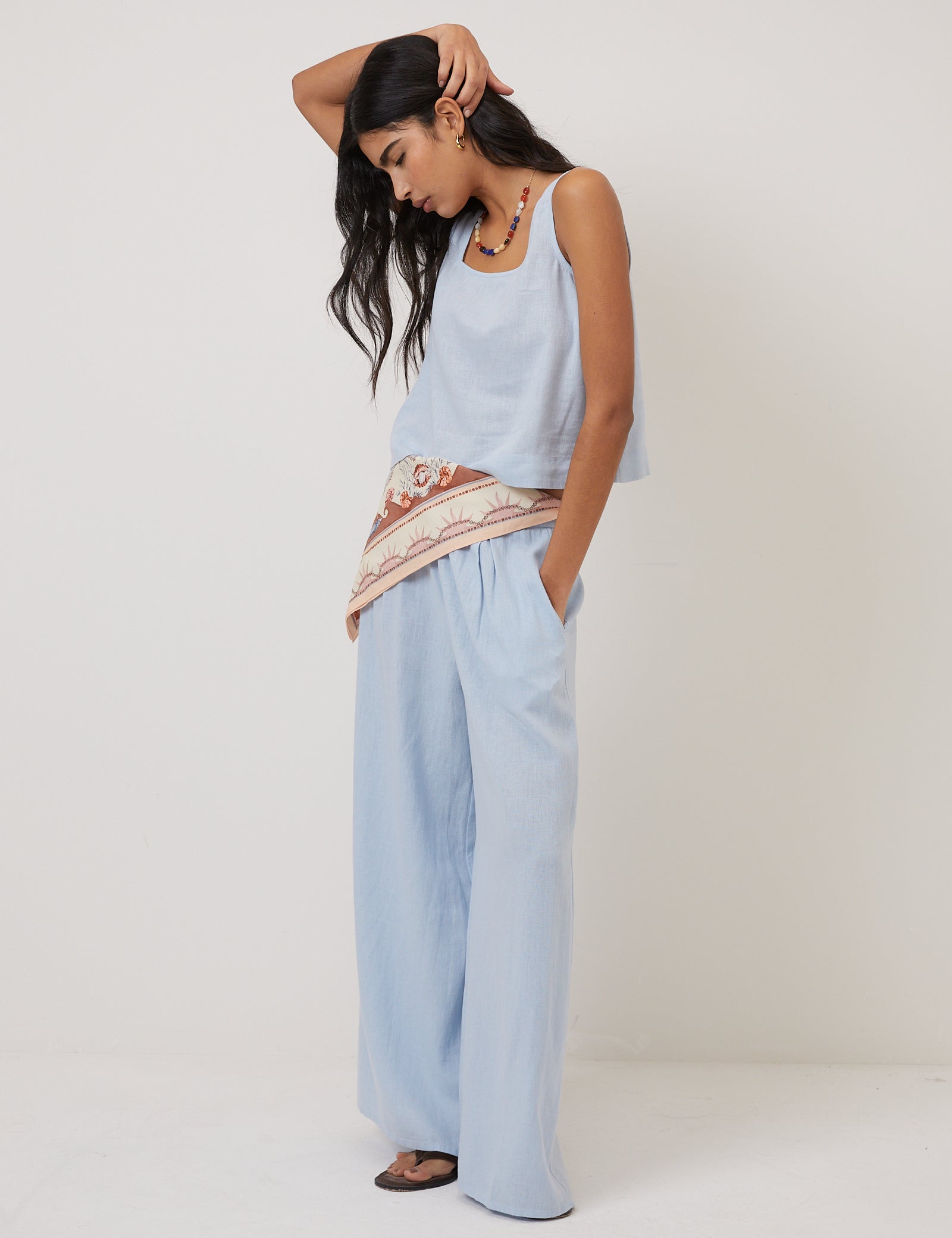 Light Blue Linen-Blend Wide Leg Trousers