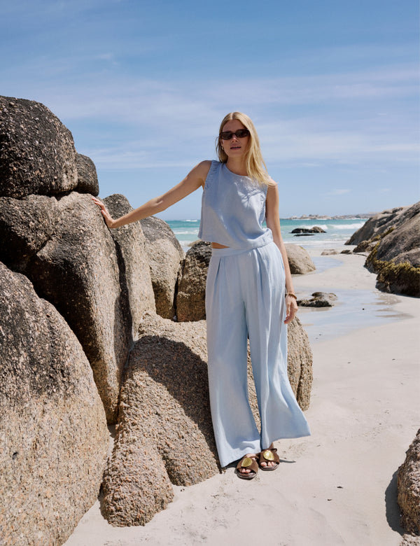 Light Blue Linen-Blend Wide Leg Trousers