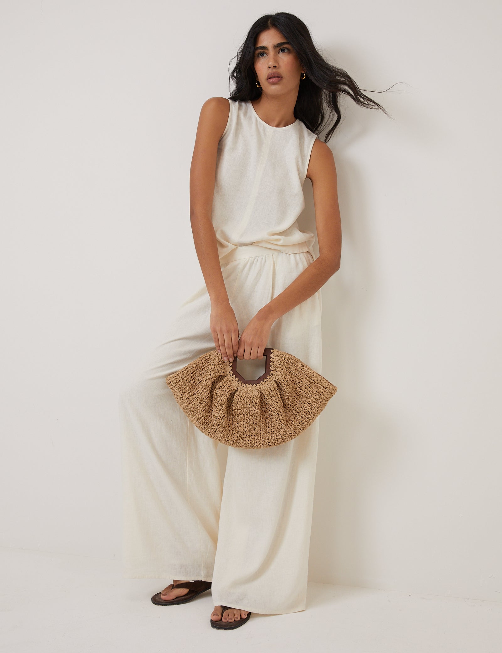 Cream Linen-blend Wide Leg Trousers