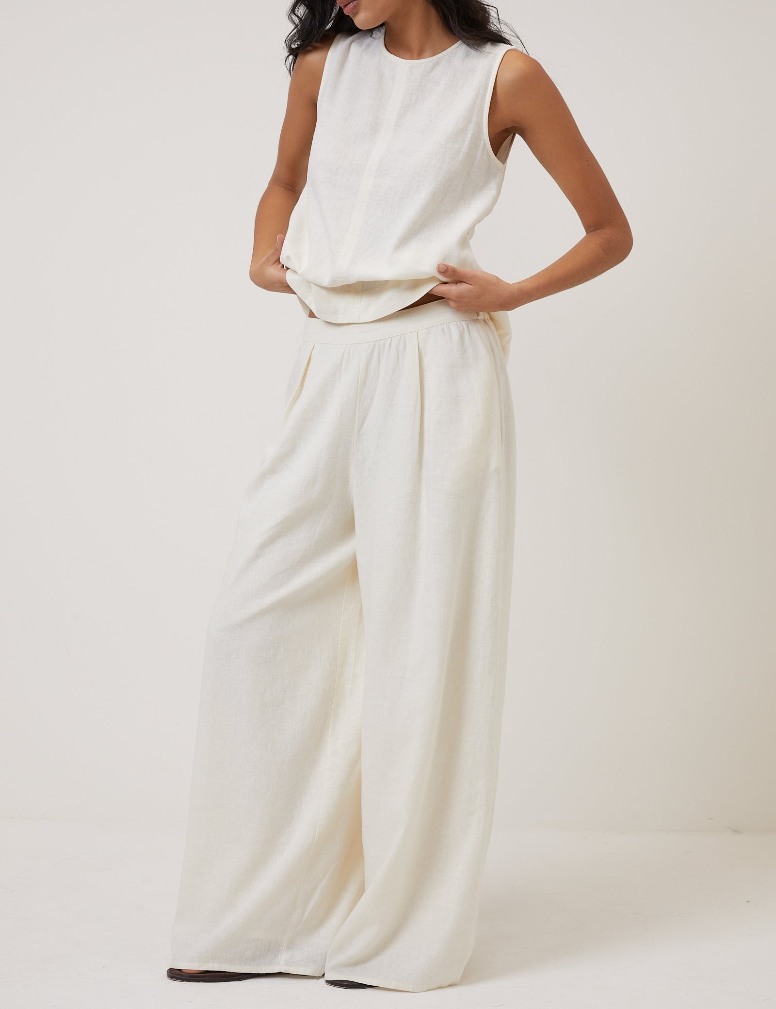 Cream Linen-blend Wide Leg Trousers