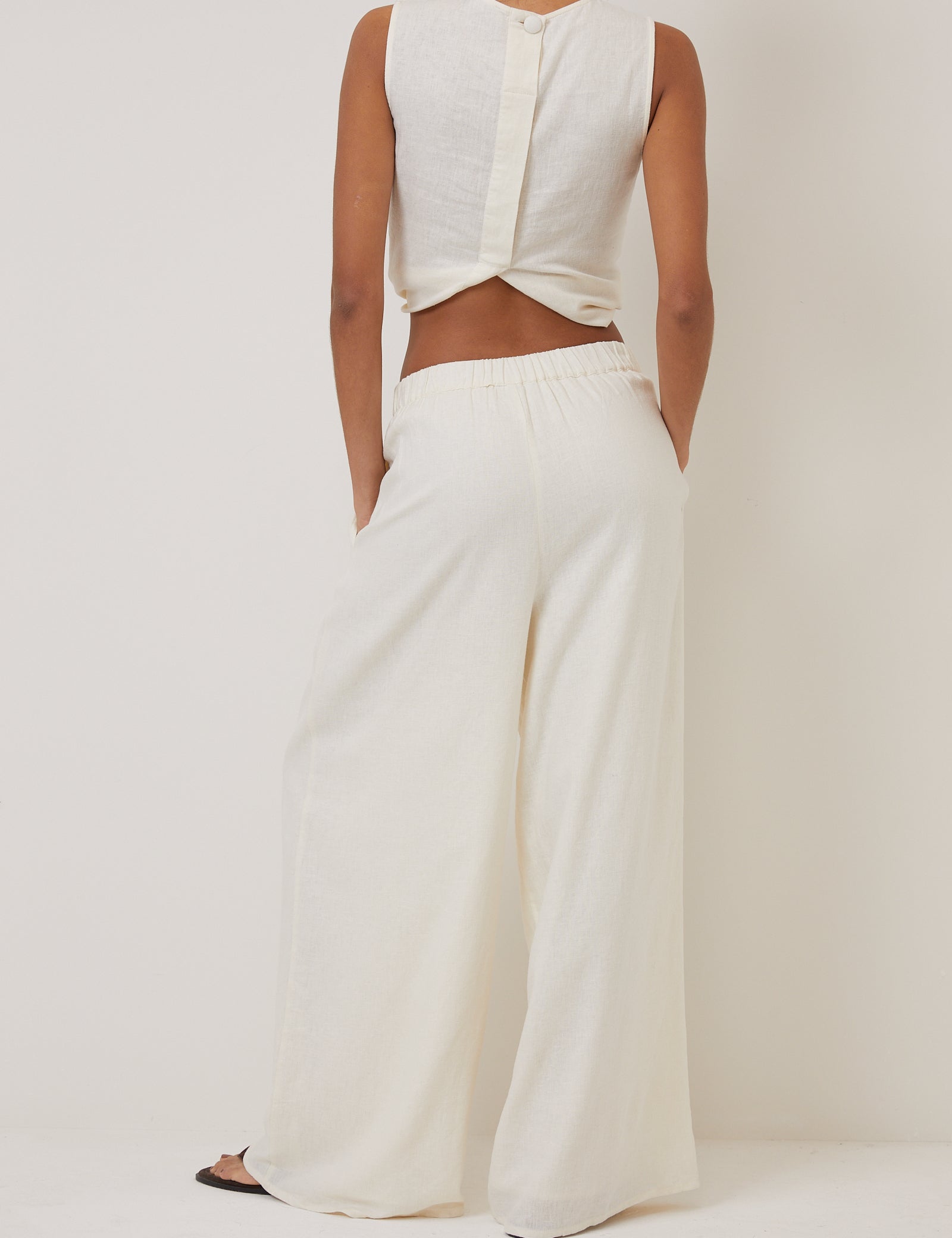 Cream Linen-blend Wide Leg Trousers
