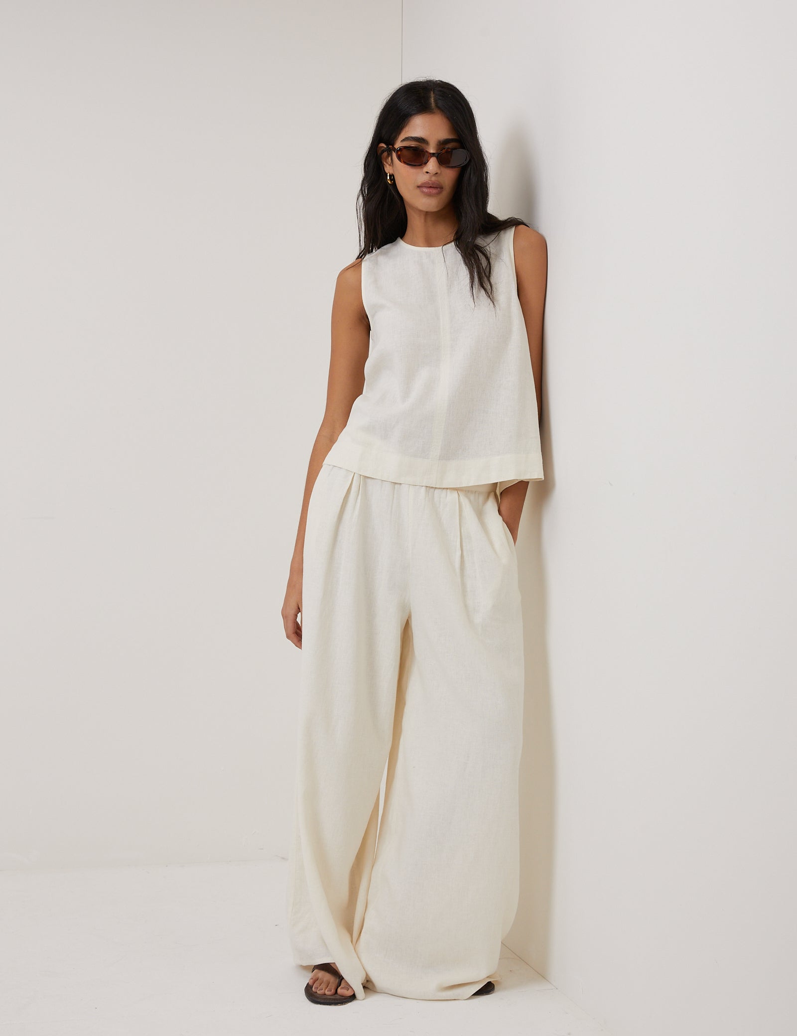 Cream Linen-blend Wide Leg Trousers