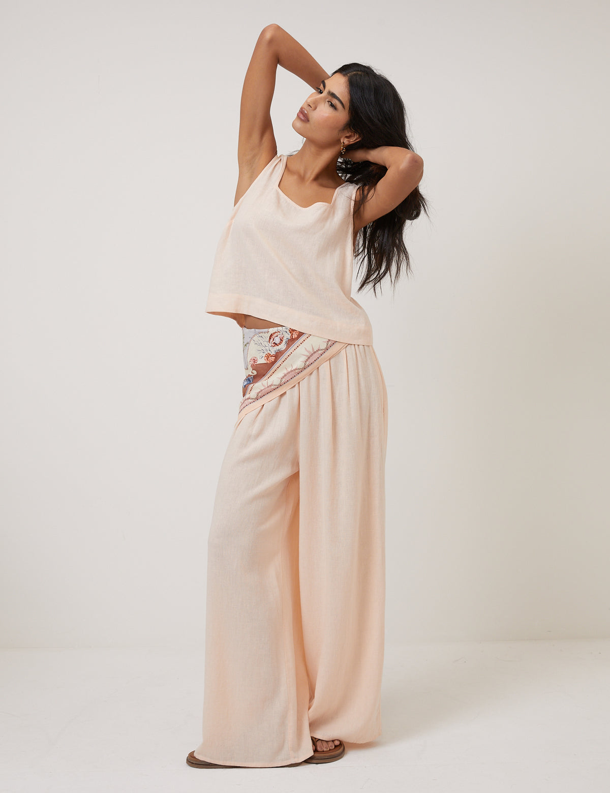 Peach Linen-Blend Wide Leg Jerrow Trousers
