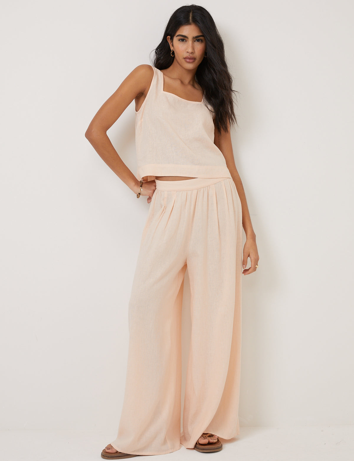 Peach Linen-Blend Wide Leg Jerrow Trousers