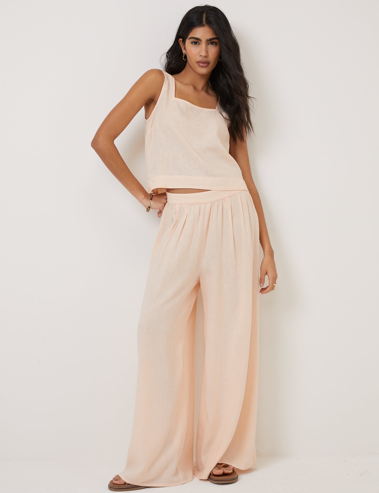 Peach Linen-Blend Wide Leg Jerrow Trousers