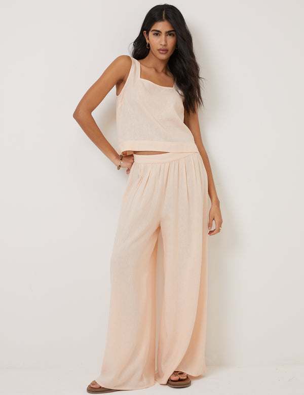 Peach Linen-Blend Wide Leg Jerrow Trousers