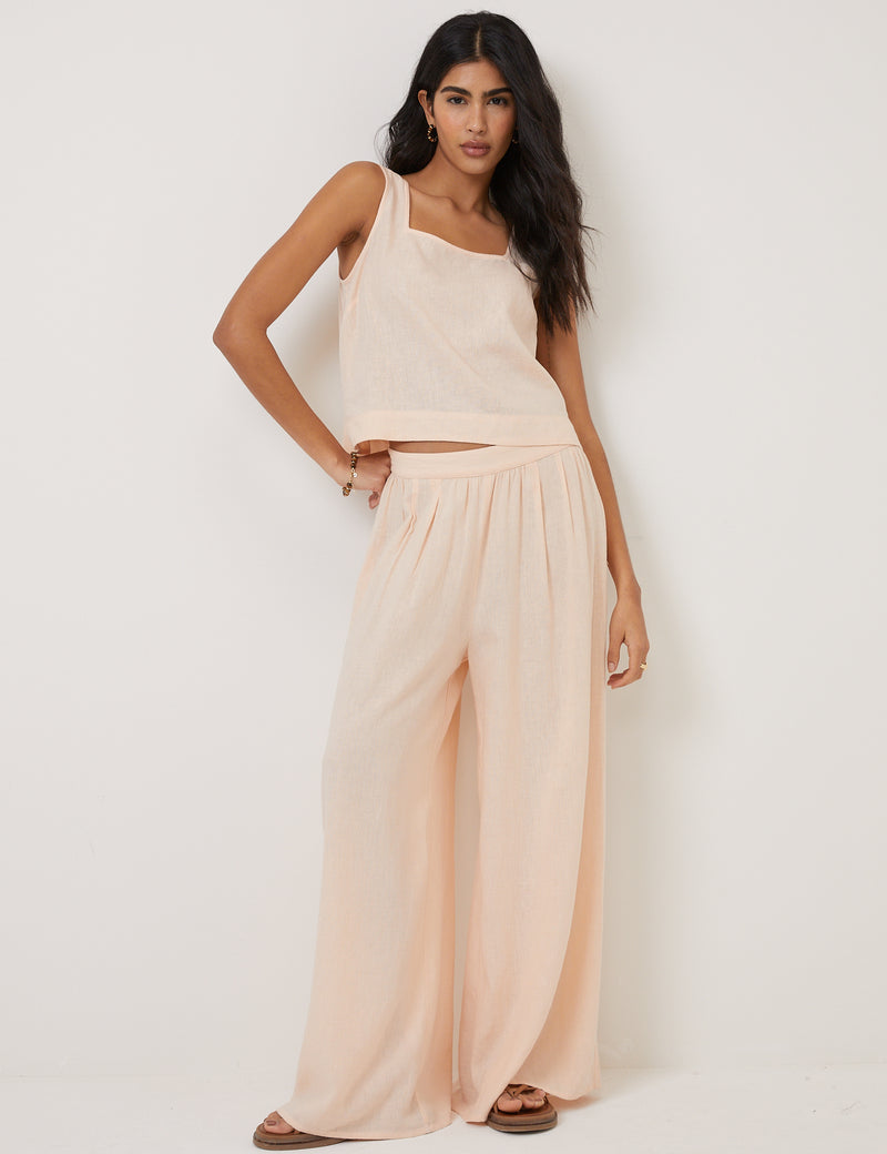 Peach Linen-Blend Wide Leg Jerrow Trousers