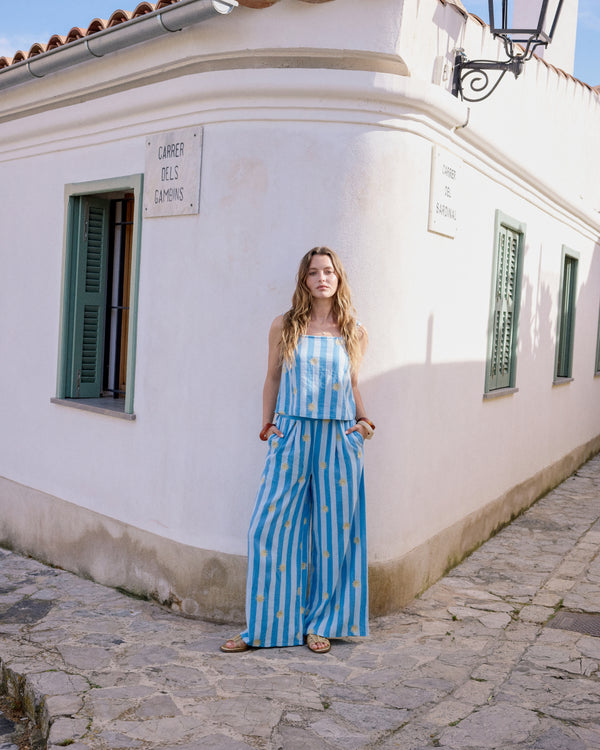 Blue Striped Linen-Blend Wide Leg Trousers