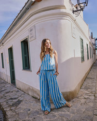Blue Striped Linen-Blend Wide Leg Trousers