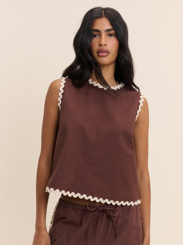 Brown Sleeveless Ric Rac Trim Top