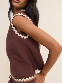 Brown Sleeveless Ric Rac Trim Top