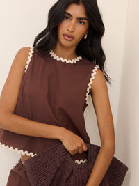 Brown Sleeveless Ric Rac Trim Top